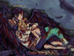  2boys armor between_legs black_feathers black_hair black_wings blank_stare bleeding blonde_hair blood blood_from_forehead blood_on_clothes blood_on_face blood_on_hands bloody_wings clothed_male_nude_male cloud cloudy_sky constricted_pupils curled_horns curtained_hair deep_wound demon demon_horns empty_eyes english_commentary fallen_angel falling_feathers feather_boa feathered_wings feathers fine_art_parody gradient_pants green_eyes halo hand_on_another&#039;s_head hand_on_another&#039;s_shoulder hands_up highres horns hug injury ivan_the_terrible_and_his_son_ivan looking_afar looking_at_viewer lucifer_(obey_me!) lying male_focus multiple_boys nude nutbreadys obey_me!:_one_master_to_rule_them_all! on_ground on_side pants parody parted_hair parted_lips satan_(obey_me!) shedding shedding_feathers short_hair shoulder_armor sitting sky spoilers tumblr_username twitter_username wide-eyed wings 