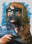 accipitrid accipitriform avian beak bird blue_eyes brown_body brown_feathers clothed clothing dissolving_clothing eagle english_text eyewear feather_growth feather_hands feathers female feral glasses growth hair hair_loss hi_res human long_hair mammal morphing signature simple_background smile solo species_transformation tan_hair text transformation true_eagle watermark wedge-tailed_eagle wheatart yellow_eyes