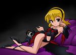  bare_shoulders bleedman blonde_hair child flat_chest grey_eyes grim_jr. grim_tales_from_down_below high_heels looking_at_viewer midriff mini_mandy reclining shoes smile stuffed_animal stuffed_toy 