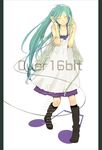  ^_^ ahoge aqua_hair bare_shoulders black_legwear blush boots brown_footwear cable closed_eyes closed_mouth collarbone dress full_body hands_on_headphones hatsune_miku headphones knee_boots kneehighs long_hair musical_note pillarboxed shade simple_background smile solo standing vocaloid white_background white_dress yoshito 