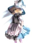  apron bangs black_hat black_skirt black_vest blonde_hair bow braid eyebrows_visible_through_hair frilled_apron frills hat hat_bow hat_ribbon holding kirisame_marisa legs_apart mugishima_orie puffy_short_sleeves puffy_sleeves ribbon shade shirt short_hair short_sleeves skirt solo standing touhou vest waist_apron white_apron white_background white_bow white_ribbon white_shirt witch_hat yellow_eyes 