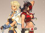  2girls arc_system_works black_hair blonde_hair blue_eyes breasts cleavage genderswap guilty_gear ky_kiske midriff multiple_girls namco naughty_face nekkeau pac-man pac-man_(game) pacman red_eyes short_hair sideboob sol_badgal sol_badguy 