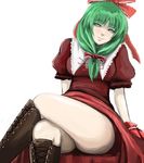  boots closed_mouth cross-laced_footwear crossed_legs front_ponytail ginji_(sakaki_summer) glowing glowing_eyes green_hair head_tilt kagiyama_hina knee_boots lace-up_boots legs long_hair naughty_face ribbon sitting skirt skirt_lift smile solo thighs touhou 