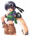  armor artist_request bare_shoulders black_hair fang final_fantasy final_fantasy_vii fingerless_gloves gloves midriff open_fly purple_eyes short_hair shorts sleeveless sleeveless_turtleneck solo turtleneck unzipped yuffie_kisaragi 