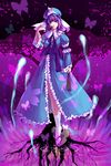  blue_eyes bug butterfly closed_fan dress dual_wielding fan floating folding_fan ghost hat hitodama holding insect japanese_clothes legs purple_hair ripples roots saigyou_ayakashi saigyouji_yuyuko sandals short_hair smile solo tabi touhou unasaka_ryou 