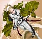 blonde_hair breasts coat copyright_request dual_wielding fujiwara_hisashi gloves green_eyes holding jacket katana large_breasts pants ponytail solo sword trench_coat weapon 