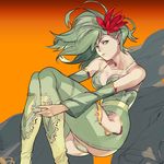  bad_id bad_pixiv_id bare_shoulders breasts cleavage detached_sleeves final_fantasy final_fantasy_iv flower green_eyes green_hair hair_flower hair_ornament highres kaiseki large_breasts leg_hug legs long_legs rydia sitting solo thighs wind 