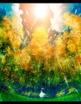  autumn blue_hair cloud copyright_request day dress forest hat keiji_asakawa letterboxed light nature scenery sky solo sun 