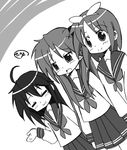  greyscale hiiragi_kagami hiiragi_tsukasa izumi_konata lucky_star mole mole_under_eye monochrome multiple_girls ryouou_school_uniform school_uniform serafuku takamaru_(minamimachi_seisakusho) 