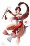  breasts brown_hair cleavage closed_fan dated dual_wielding fan fatal_fury folding_fan highres holding large_breasts legs long_hair muscle omar_dogan panties pantyshot pelvic_curtain ponytail revealing_clothes shiranui_mai smile snk solo the_king_of_fighters underwear 