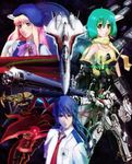  2girls alien beret black_hair bug green_hair gun gunpod hat long_hair macross macross_frontier mecha monster multiple_girls necktie ozma_lee ranka_lee rifle s.m.s. saotome_alto scarf school_uniform sheryl_nome space vajra vf-25 weapon yutori_(clockwork_chicken) 