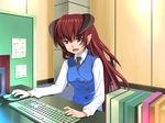 bad_id bad_pixiv_id demon_girl horns keyboard_(computer) long_hair mouse_(computer) office_lady okina_ika original pointy_ears red_eyes red_hair skirt skirt_set solo vest 