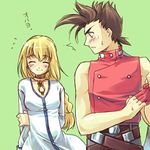  1girl artist_request blonde_hair blush braid brown_hair collet_brunel lloyd_irving long_hair lowres red_shirt shirt tales_of_(series) tales_of_symphonia translated 