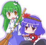  angry bad_id bad_pixiv_id blue_hair broom chibi drunk frog green_hair hair_ornament kochiya_sanae leaf_hair_ornament lowres multiple_girls nekoyama oekaki orange_eyes red_eyes smirk touhou yasaka_kanako 