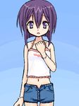  denim denim_shorts lowres mahou_sensei_negima! midriff miyazaki_nodoka oekaki open_fly purple_eyes purple_hair short_hair shorts solo standing takayaki unzipped 