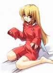  artist_request barefoot blonde_hair blue_eyes collet_brunel cosplay lloyd_irving lloyd_irving_(cosplay) long_hair lowres naked_shirt red_shirt shirt solo tales_of_(series) tales_of_symphonia 