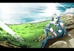  blue_eyes blue_hair cloud copyright_request day keiji_asakawa landscape light nature scenery sitting sky smile solo 