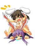  :d ^_^ animal_ears barefoot bunny_ears carrot carrot_necklace chibi closed_eyes crying ear_grab fang feet inaba_tewi jewelry kokka_han long_hair multiple_girls necklace open_mouth pendant purple_hair reisen_udongein_inaba short_hair smile streaming_tears tears touhou 