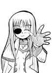  cinque_(nanoha) closed_eyes eyepatch fingerless_gloves gloves greyscale long_hair lyrical_nanoha mahou_shoujo_lyrical_nanoha_strikers mitsurugi_tsurugi monochrome numbers_(nanoha) smile solo turtleneck waving 