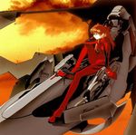  arm_support bangs bodysuit bracer breasts closed_mouth cloud cockpit from_side full_body gloves hair_between_eyes hand_on_own_shoulder headgear honda_takeshi knee_up long_hair long_legs looking_to_the_side neon_genesis_evangelion number official_art orange_hair pilot_suit plugsuit red_bodysuit sad sitting skinny sky slim_legs small_breasts solo souryuu_asuka_langley sunset two_side_up window 