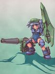  arm_cannon blue_hair cucumber hat kawashiro_nitori key mecha_musume one-piece_swimsuit open_mouth sankuma school_swimsuit smile solo swimsuit touhou two_side_up weapon 