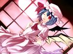  ;d bad_id bad_pixiv_id bat_wings blue_hair dutch_angle full_moon hat kame moon one_eye_closed open_mouth pink_hat red_eyes red_moon remilia_scarlet short_hair skirt_hold smile solo touhou wings 