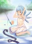  ahoge arms_up atmp1009 barefoot blue_eyes blue_hair cirno crystal day directional_arrow dress fishing_rod full_body ice ice_wings looking_at_viewer mugishima_orie outdoors river sitting solo sundress touhou wariza water white_dress wings 