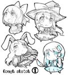  animal_ears blue bow bunny_ears cirno kirisame_marisa kochiya_sanae lowres monochrome multiple_girls reisen_udongein_inaba taikou_denka touhou 