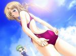  =_= adjusting_clothes adjusting_swimsuit artist_request ass back blue_eyes blush brown_hair closed_eyes cloud competition_school_swimsuit competition_swimsuit day dutch_angle green_hair jpeg_artifacts kayura_yuka lens_flare looking_back multiple_girls one-piece_swimsuit school_swimsuit smile sukumizu_~fecchi_ni_narumon!~ sun swimsuit wallpaper waving yaegashi_nan 