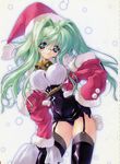  absurdres bell blue_eyes blush breasts christmas coat copyright_request covered_nipples fur garter_belt glasses green_eyes green_hair hat highres large_breasts leaning_forward long_hair miwa_yoshikazu open_mouth santa_costume santa_hat solo thighhighs zipper 