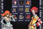  1girl 6+boys afro arby's bald bangs bare_shoulders breasts burger_king carl's_jr. character_select cleavage colonel_sanders domino's_pizza douglas_harvey dress fake_screenshot fan_art fast_food fighting_game freckles glasses hand_on_hip jack_box jack_in_the_box kfc kfc_(company) large_breasts little_caesar little_caesars mcdonald's multiple_boys orange_hair parody red_hair red_lips red_lipstick ronald_mcdonald short_hair the_king the_noid twintails wendy wendy's wendy_(wendy's) white_hair 