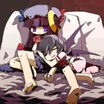  bat_wings chibi closed_eyes feet foreshortening hat kawachi_yamato long_hair multiple_girls patchouli_knowledge purple_hair remilia_scarlet ribbon short_hair sleeping touhou wings 