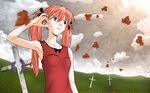  adjusting_hair alternate_hairstyle armpits blurry bow cloud collarbone cross day depth_of_field dress field from_below grass graveyard hair_ribbon hair_tucking latin_cross leaf light_rays long_hair neon_genesis_evangelion pink_hair pocket purple_eyes red_dress ribbon sadamoto_yoshiyuki sky solo souryuu_asuka_langley sunbeam sundress sunlight twintails wallpaper wreath 