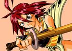  .hack//g.u. 1girl dutch_angle lowres orange_background red_hair simple_background solo sword takanashi_jin'u weapon yowkow_(.hack//) 