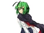  antennae back bad_id bad_pixiv_id bangs breasts cape closed_mouth eyebrows_visible_through_hair green_eyes green_hair long_sleeves looking_at_viewer looking_back medium_breasts potionu shirt short_hair simple_background solo touhou white_background white_shirt wriggle_nightbug 
