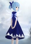  alternate_hairstyle arms_behind_back bad_id bad_pixiv_id blue_eyes blue_hair bow cirno fakkuma from_behind hair_bow looking_back ponytail short_hair solo standing touhou wings 