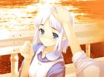  blue_eyes game_cg good_end haimura_kiyotaka happy petting shiraki_aeka solo_focus sunset white_hair yume_miru_kusuri 