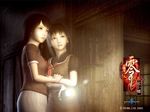  amakura_mayu amakura_mio artist_request black_eyes black_hair bow dark dress fatal_frame fatal_frame_2 flashlight hug lens_flare multiple_girls official_art short_hair siblings sisters skirt twins 