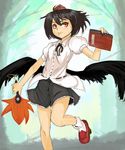  aya_tarou black_hair black_wings book geta hat looking_at_viewer red_eyes shameimaru_aya short_hair skirt solo tengu-geta tongue touhou wings 