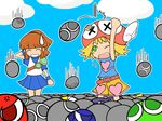  amitie_(puyopuyo) arle_nadja belt blonde_hair blue_skirt blush brown_hair closed_eyes flipped_hair green_eyes grin hat madou_monogatari multiple_girls one_eye_closed open_mouth ponytail puyo_(puyopuyo) puyopuyo puyopuyo_fever shorts skirt smile sonic_team sweatdrop tank_top tasogare_yanio wallpaper 