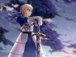  1girl absurdres ahoge armor artoria_pendragon_(fate) blonde_hair cloud fate/stay_night fate_(series) highres photoshop_(medium) saber_(fate) sky solo sword takeuchi_takashi weapon 