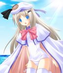  6u_(eternal_land) bad_id bad_pixiv_id blue_eyes bow buttons cape cloud day fang hat large_buttons little_busters! long_hair noumi_kudryavka one-piece_swimsuit outdoors pink_bow school_swimsuit silver_hair sky solo swimsuit thighhighs white_school_swimsuit white_swimsuit 