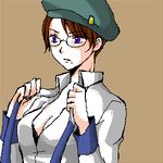  artist_request beret blue_eyes bra breasts brown_hair cleavage glasses gundam gundam_00 hat kati_mannequin lingerie lowres medium_breasts mole mole_under_mouth necktie oekaki solo underwear undressing 