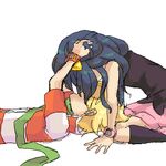  1girl artist_request blonde_hair blue_hair couple hand_on_another's_head hetero hikari_(pokemon) jun_(pokemon) kneehighs lowres lying oekaki on_back pearl_(pokemon) pokemon pokemon_(game) pokemon_dppt poketch scarf simple_background sleeveless socks source_request watch wristband wristwatch 