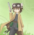  artist_request cat_tail chen cosplay earrings fur_hat goggles gun handgun hat jewelry kino kino_(cosplay) kino_no_tabi lowres multiple_tails parody pistol solo tail touhou weapon 
