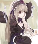  doll_joints dress kabocha_(monkey4) long_hair pale_skin red_eyes rozen_maiden solo suigintou table thinking translated wings yakult 