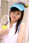  ball blouse highres photo racket seo_akiko sleeveless sleevless_blouse solo tennis_ball tennis_racket visor 
