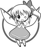  blush bow chibi daiyousei dress greyscale hair_bow hands_together michii_yuuki monochrome one_eye_closed open_mouth own_hands_together side_ponytail smile solo touhou wings 