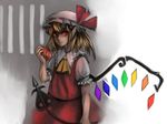  blonde_hair crystal dress flandre_scarlet holding laevatein looking_at_viewer mugishima_orie older pointy_ears puffy_short_sleeves puffy_sleeves rainbow_order red_dress red_eyes short_sleeves simple_background solo stick tomato touhou white_background wings 