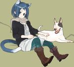  animal_ears blue_eyes blue_hair boots cat_ears cat_tail copyright_request dog pantyhose scarf shimura_nobuo solo tail 